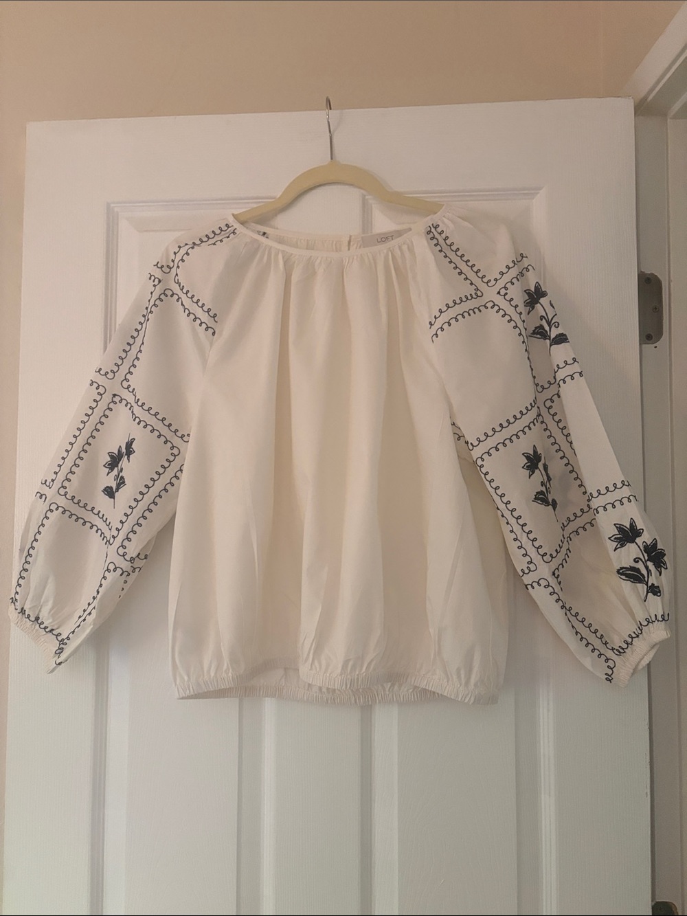 LOFT Cream Blouse with Navy Embroidered Sleeves - Picture 3 of 14